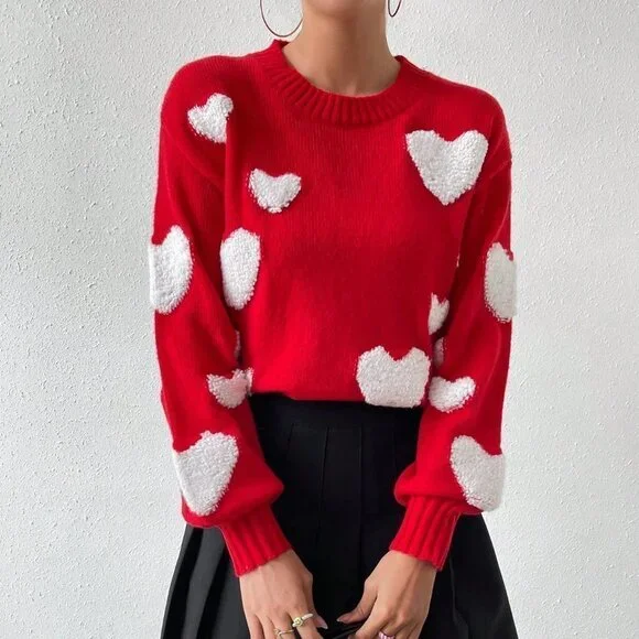 Red Casual Womens Heart Knit Drop Shoulder Sweater - Picture 1 of 5